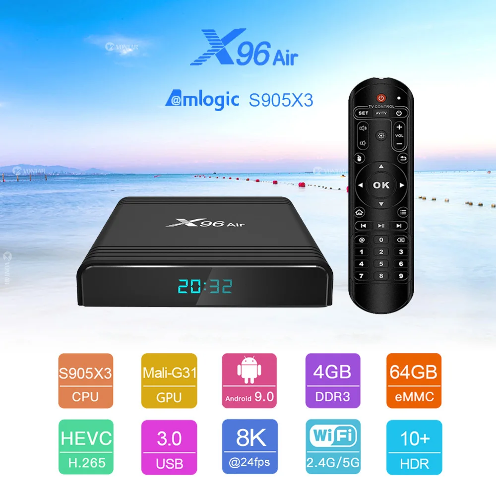 

X96 воздуха Amlogic S905X3 Android 9,0 ТВ коробка голосовой помощник Quad-core 2/4 Гб оперативной памяти, 32/64 Гб Wi-Fi 8K 24fps Google Play Youtube Media Player