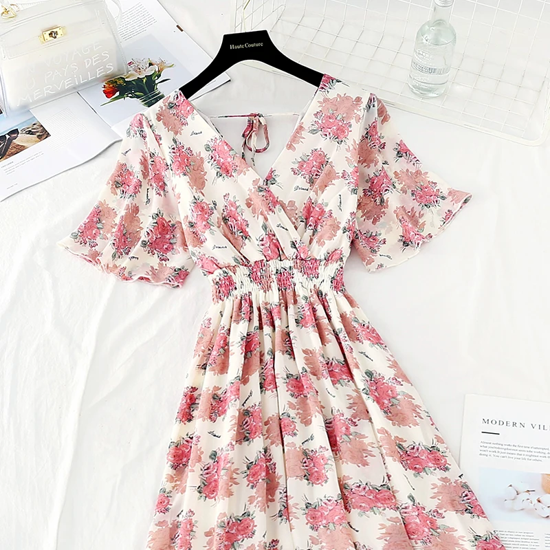 

Ruffled Short-sleeved Chiffon Dress 2021 Summer Women V-neck High Waist Floral Print Beach Midi Dresses Backless Sexy Vestidos