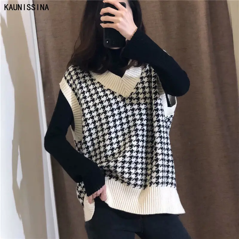 

Women Houndstooth Knitted Vest Sweater Vintage Autumn Winter Jumper Knit Sleeveless Vest Female Waistcoat Pullover Chic Tops