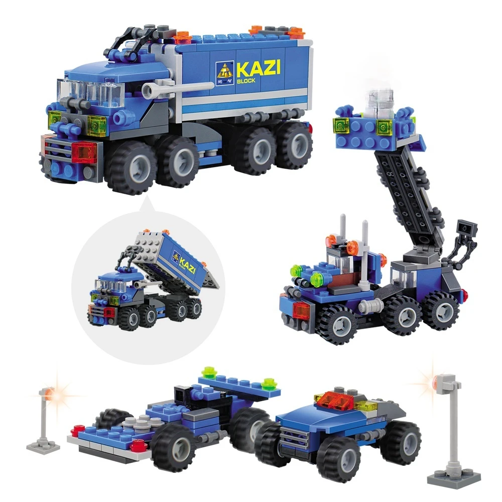 

City Vehicle Car Container Truck Model Building Blocks Trailer Wagon Van Lorry Dump Truck Police Kids Construction Toys