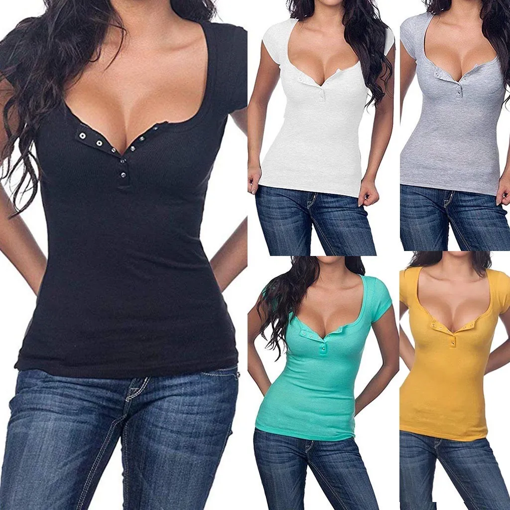 Женская футболка с v-образным вырезом футболки на пуговицах коротким рукавом