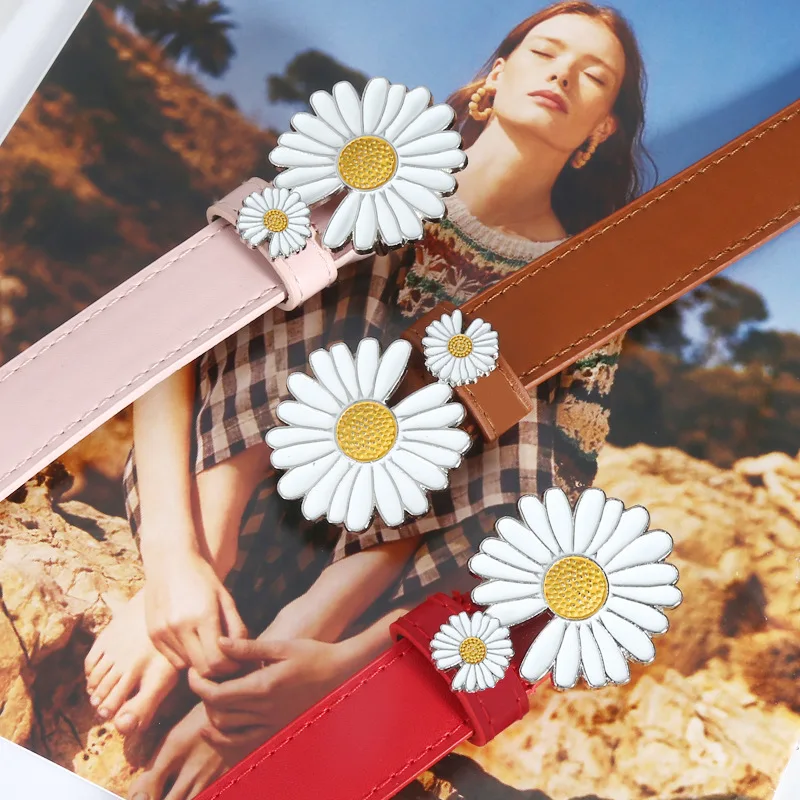 Small Daisy Pu Fine Belt Women Waistband Korean -style Student Flower Buckle Personality Smooth Faux Leather | Аксессуары для