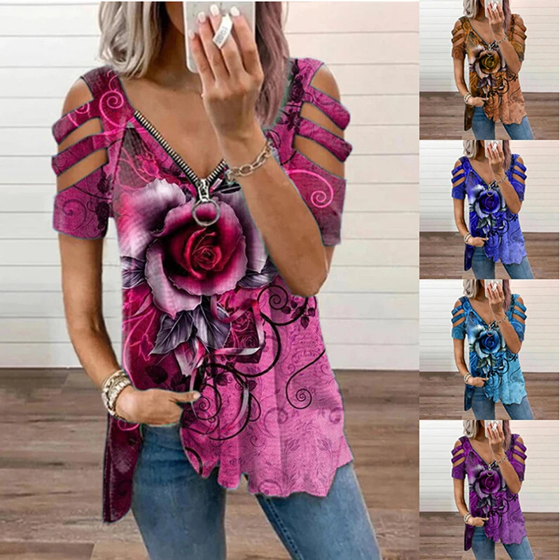 

V Neck Zipper Short Sleeve Top Summer Sexy Women Printed Hollow Out T Shirt Fashion Loose Off Shoulder Casual Shirts