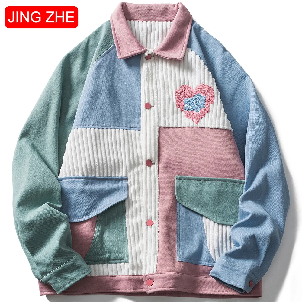 

JING ZHE Autumn Jackets Men Furry Heart Colorful Patchwork Pockets Outwear Casual Harajuku College Style Coats Streetwear Couple