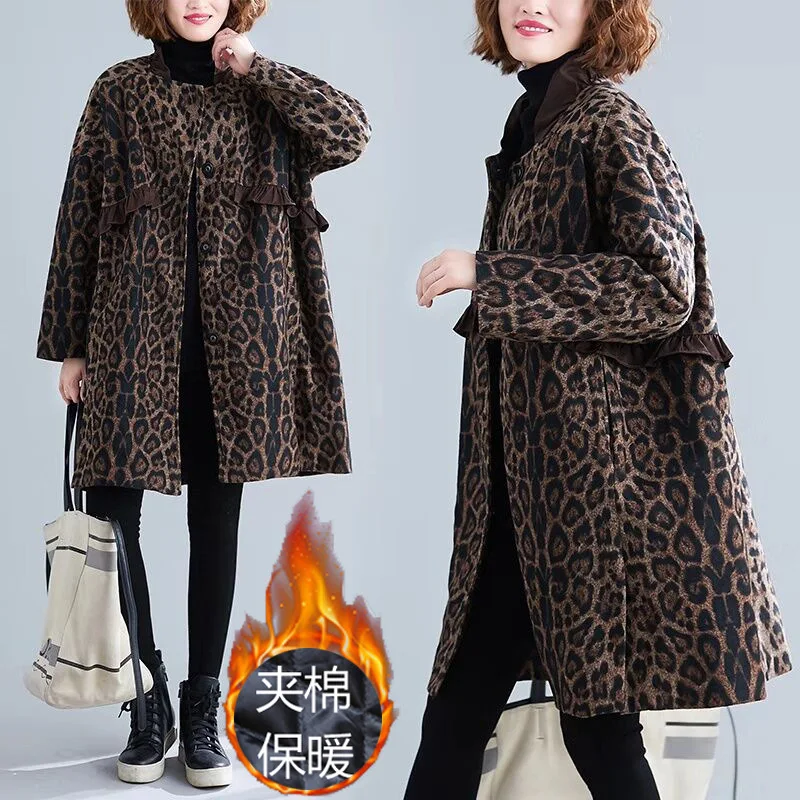 

Leopard Print Women's Jacket Autumn Winter Mid-Long Blended Woolen Keep Warm Quilted Coat Fashion Plus Size Ladies Woolen Jacke