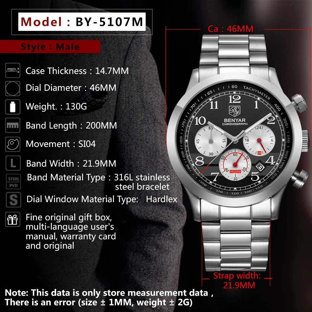 

new men's watches fashion quartz mens wrist watches BENYAR top luxury brand watch men waterproof chronograph Relogio Masculino