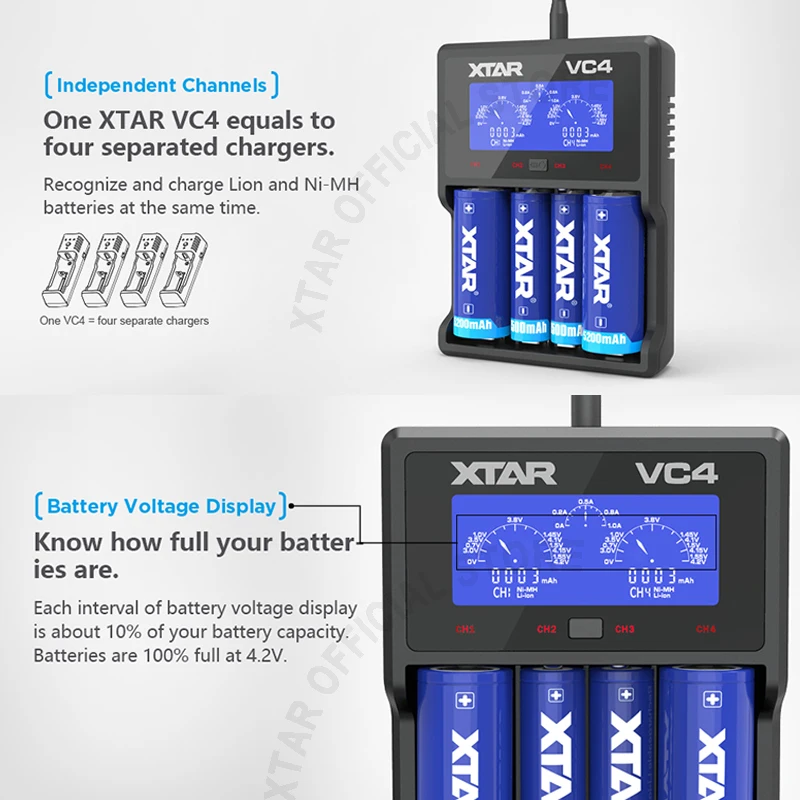 XTAR VC4 Батарея Зарядное устройство ЖК-дисплей USB Зарядное устройство для 10440/14500/18350/17500/18500/18700/21700/20700/18650 Re Зарядное устройство может Батарея Зарядное устройство