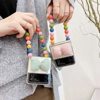 diy fashion bracelet cute bow phone case for samsung galaxy z flip 5g 4g 3 flip3 portable rainbow beads hand chain clear cover