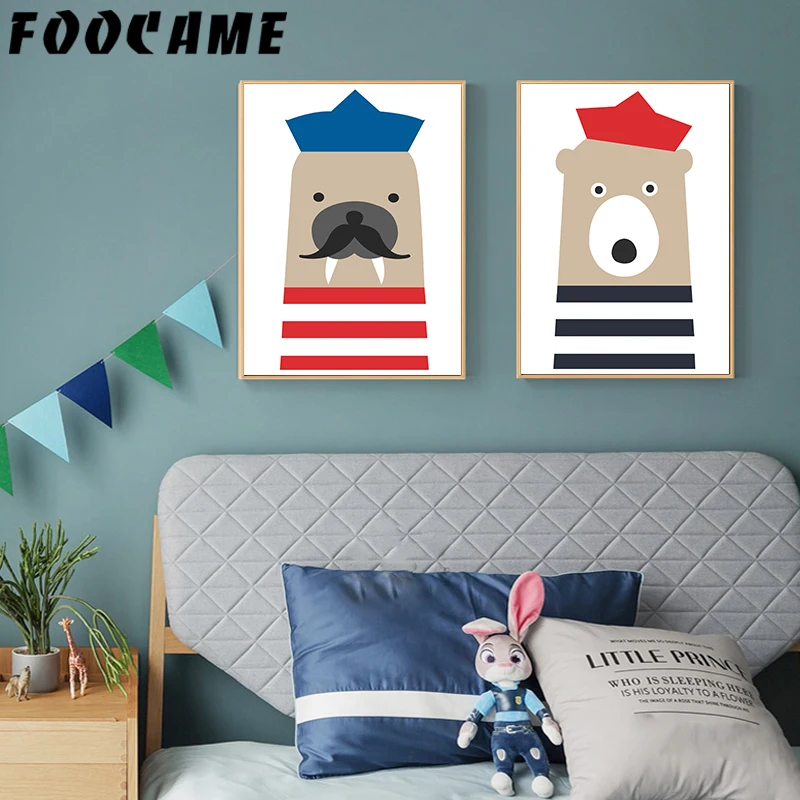 Сейлор тюлени Медведь Рыба Лодка мультфильм постеры и печать искусство