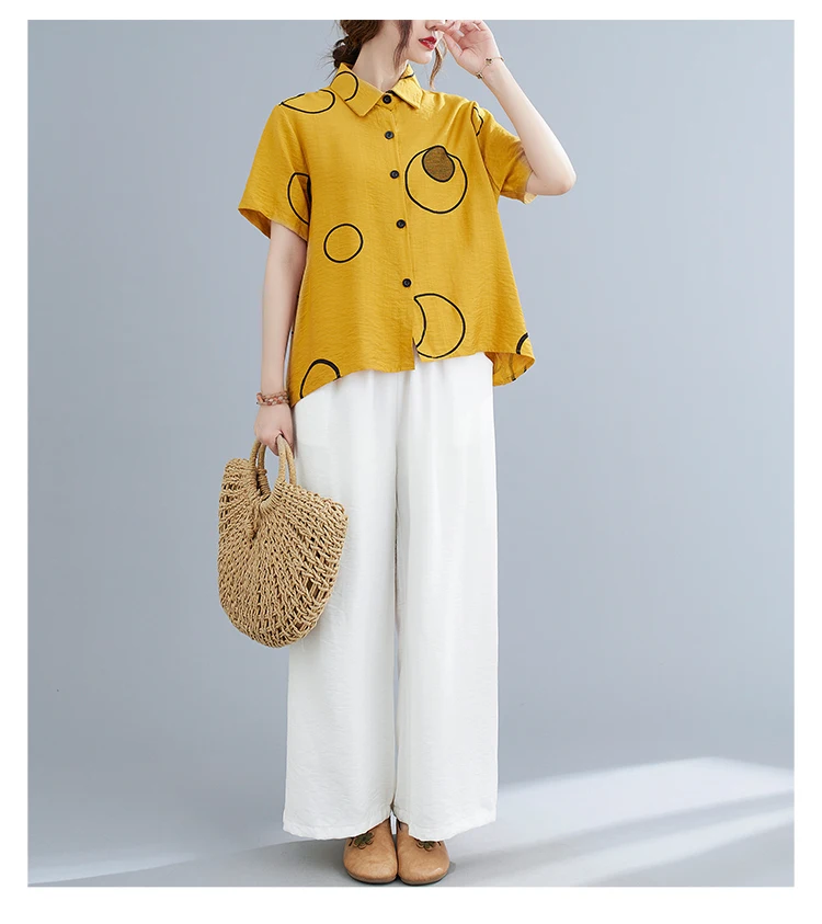 

Chiffon Loose Women's Shirts New Fashion Blouses Casual Short Sleeve Blusas Printing Buttons Polo-collar Shirts Summer Houthion