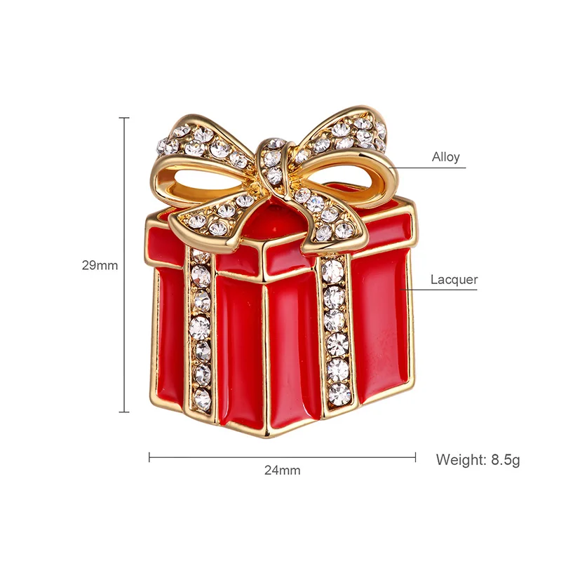 

HONGYE High Quality Crystal Enamel Gift Box Shape Brooches for Women Men Dress Coat Scarf Hats Accessories New Year Jewelry