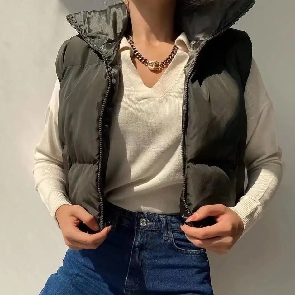 

Korean Fashion Winter Coat Women Quilted Coats Bubble Vest Casual Black Cropped Vest Women Streetwear Padded Waistcoat Brown