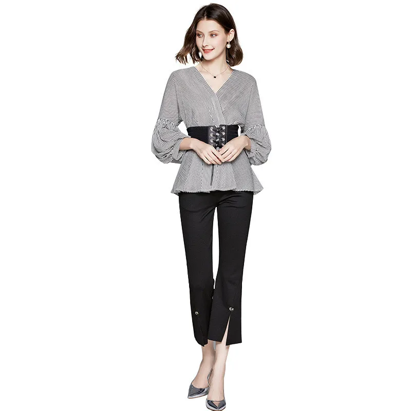 

Summer Tracksuit Woman Two Piece Set V-Neck Striped Lantern Full Sleeve Sashes Pullover Top And Split Pants Elegant Fashion Suit