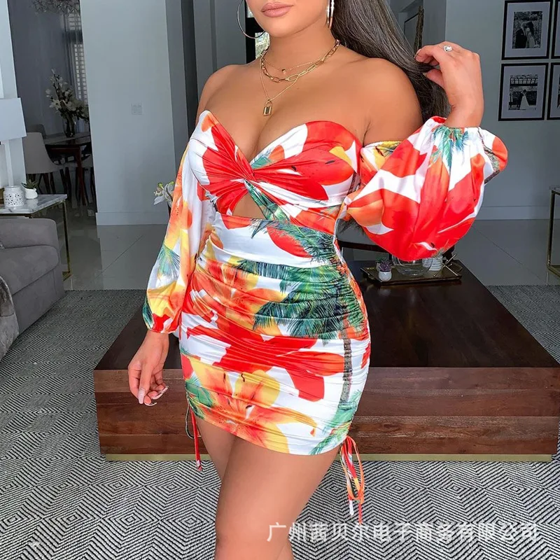 

2021 European and American new style red one-shoulder printed dress