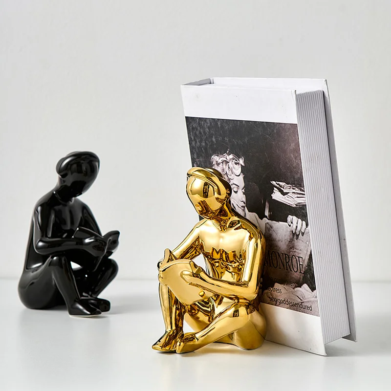 

Golden Ceramic Reading Book Character Sculpture Bookcase Decoration Abstract Figure Figurine Model Gift Porch Desktop Decoration
