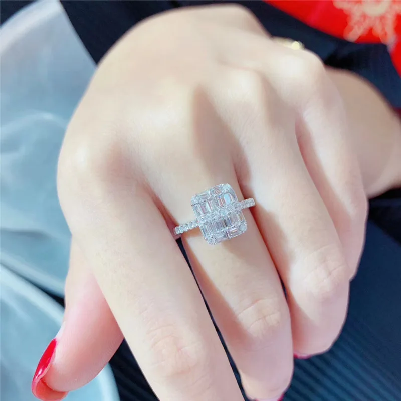 

High Quality Eternity 925 Sterling Silver Square Ring Engagement Wedding Band Rings for Women Daily Wear Korea Jewelry Fashion
