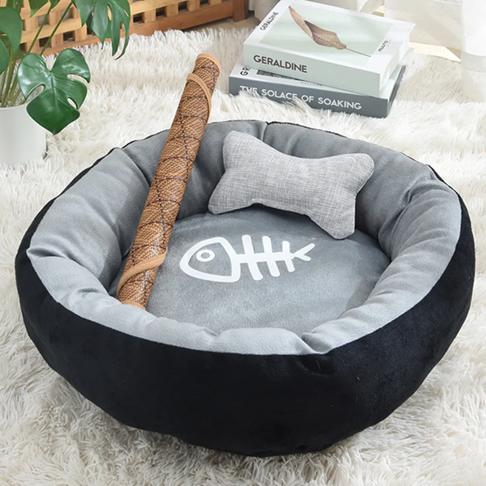 Кровать для кошки с рыбными косточками круглый короткий плюшевый коврик