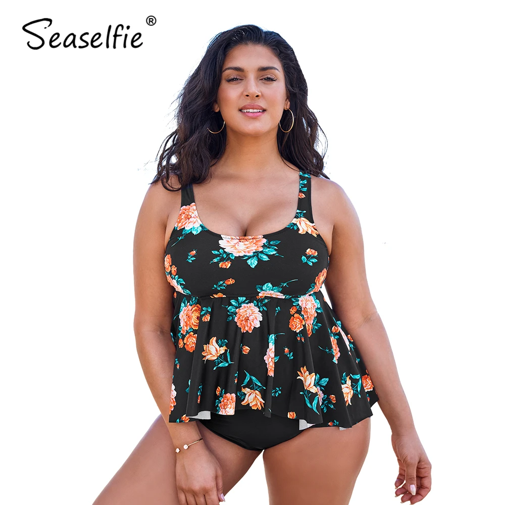 SEASELFIE Plus Size Black Floral Peplum Tankini Women Sexy Large Size High-waist Bikini Two Pieces Swimsuit 2021 Swimming Suit