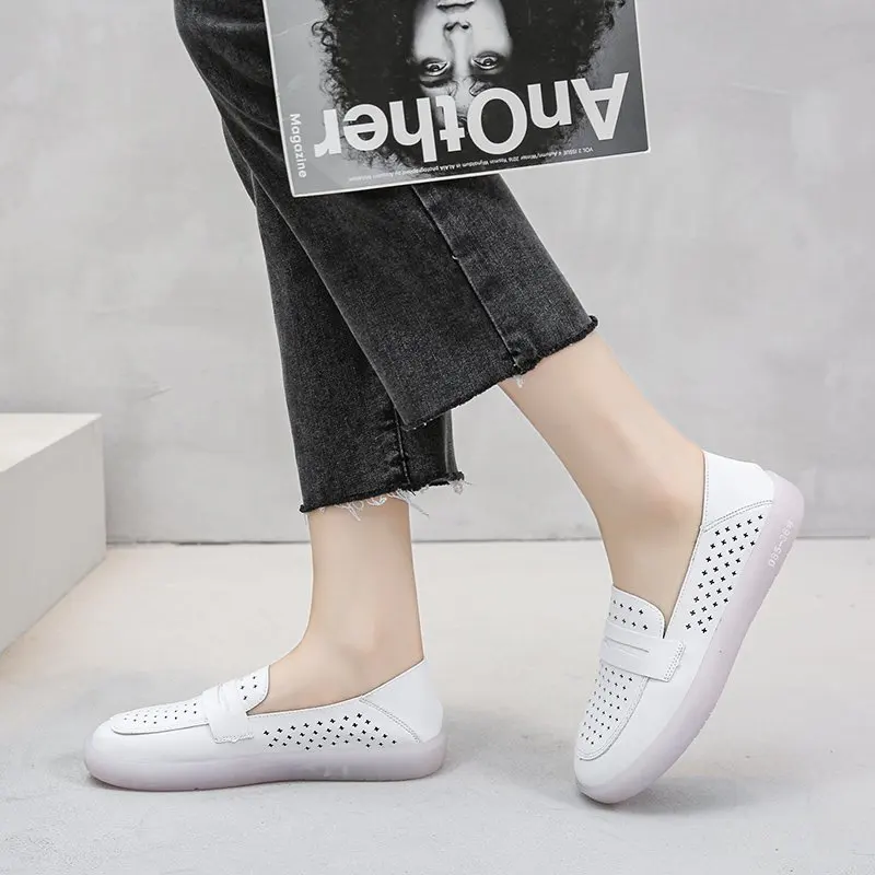 

Casual Woman Shoe Female Footwear Round Toe All-Match Soft Dress Nurse Comfortable Summer Moccasin New Basic Lace-Up Fretwork Ru