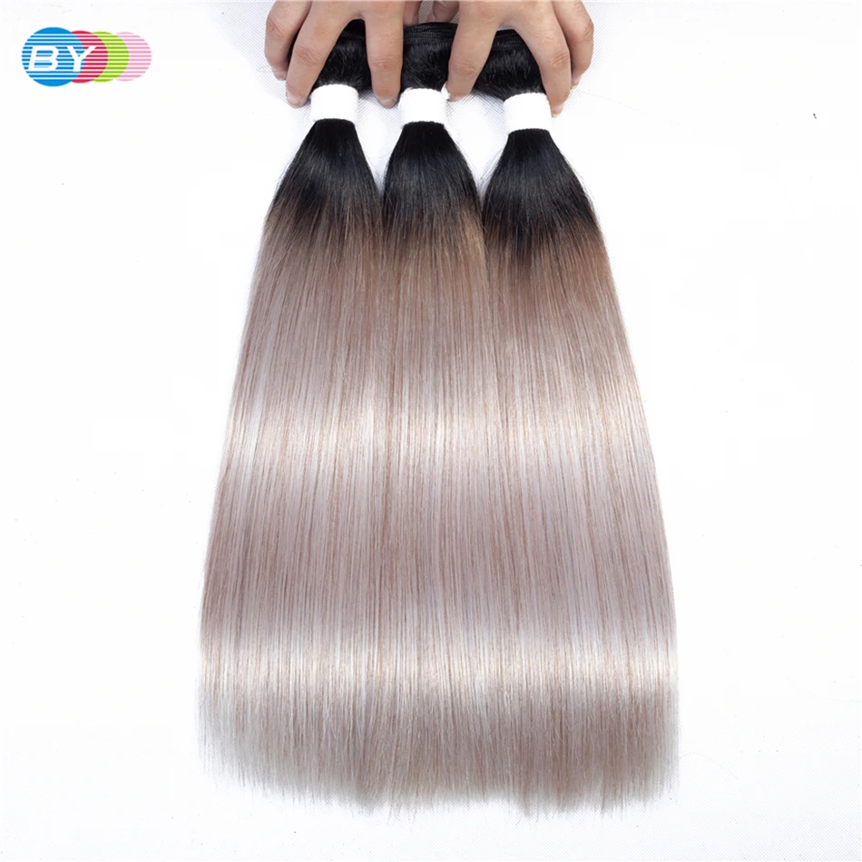

1B/Grey Straight 3 Bundles Deal Brazilian Human Hair Weave Dark Root Sliver Gray Ombre Color Hair Extention Remy Hair BY Hair