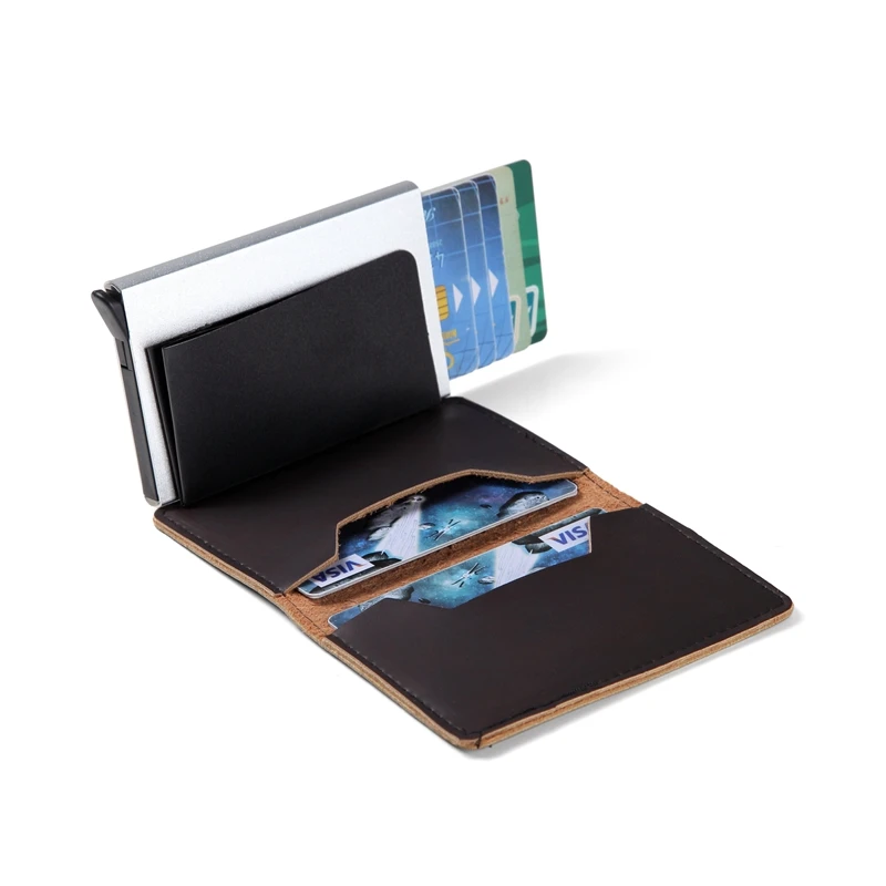 Men Wallet Automatic Credit card holder Crazy Horse Genuine Leather Aluminum Mini Wallet With Back Pocket ID Card RFID Blocking