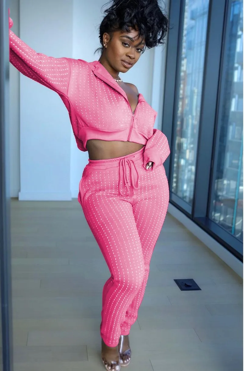 

Women Dot Sequined Hoodie Cardigan Sweatpants Two Piece Set Women Solid Stretchy Casual Streetwear Autumn Winter Fleece Clothing