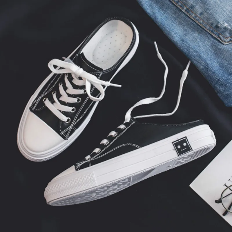 Женские парусиновые туфли белые полубосоножки на плоской подошве без застежки