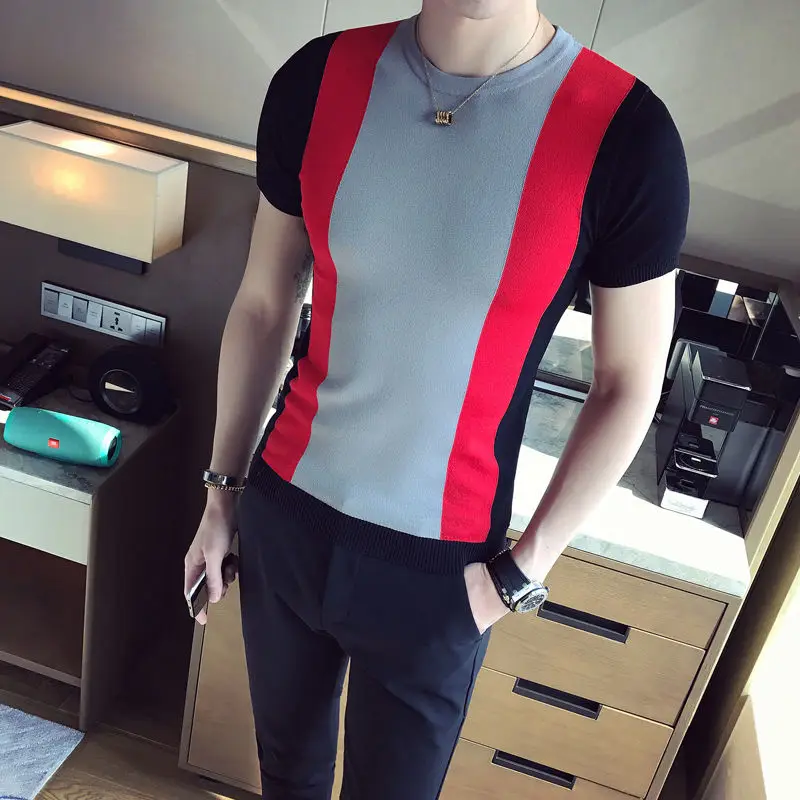 

Summer slim knit short sleeve men's T-shirt round neck Pullover Youth Social Sports tight t-shirt men's wear