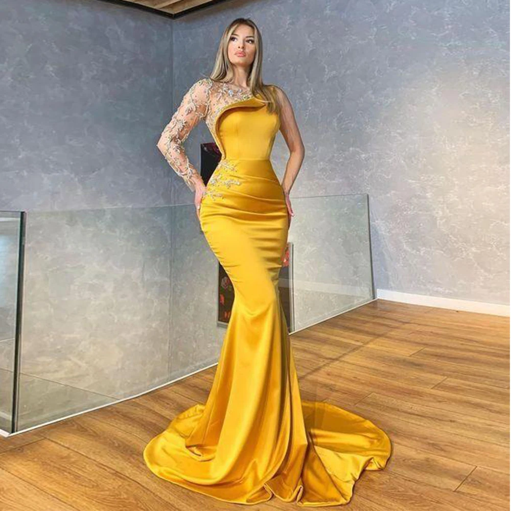 

Golden Mermaid Evening Dresses for Dinner Party 2022 Full Sleeve Lace Satin Dress Formal Party Robe De Soirée Femme Court Train