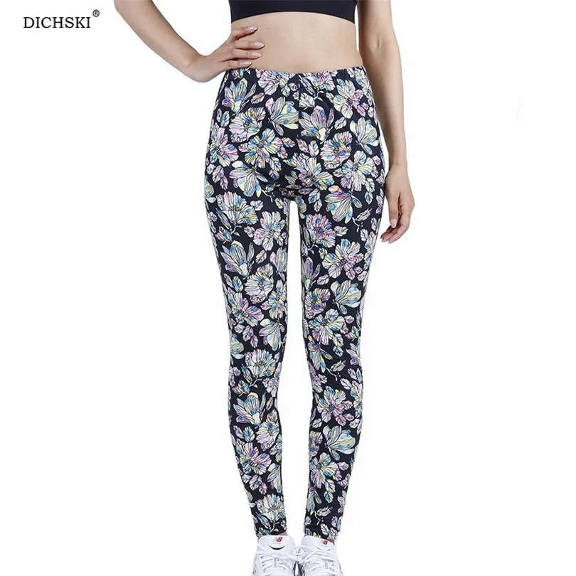 

DICHSKI Fitness Women Leggings Stretch Running Gym Sports Patchwork Yellow Pink Flower Workout Active Pants Ankle-Length Clothes
