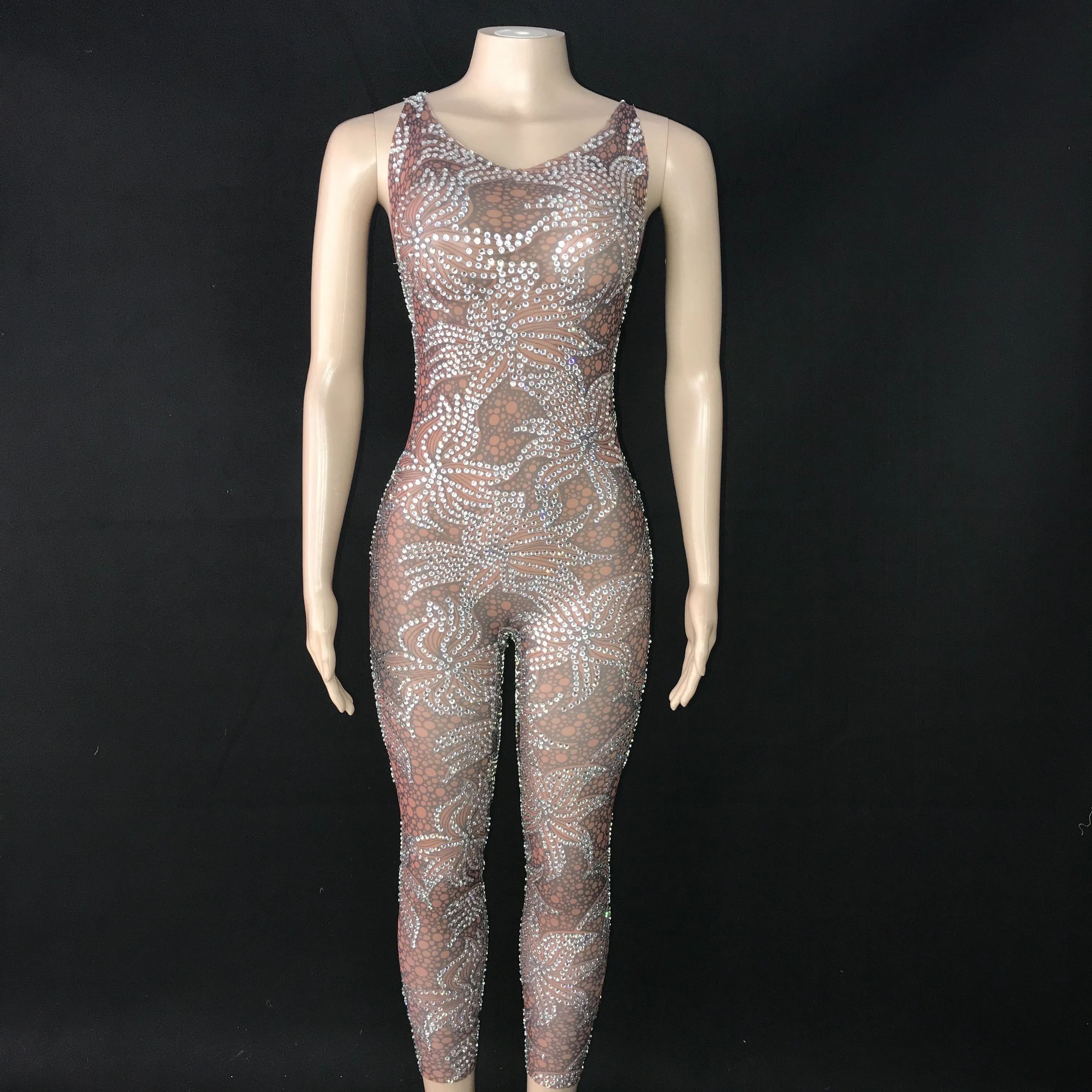 

Silver Rhinestones Flower Pattern Brown Mesh Jumpsuit Female Singer Dance Costume Birthday Collection Sexy Jumpsuit
