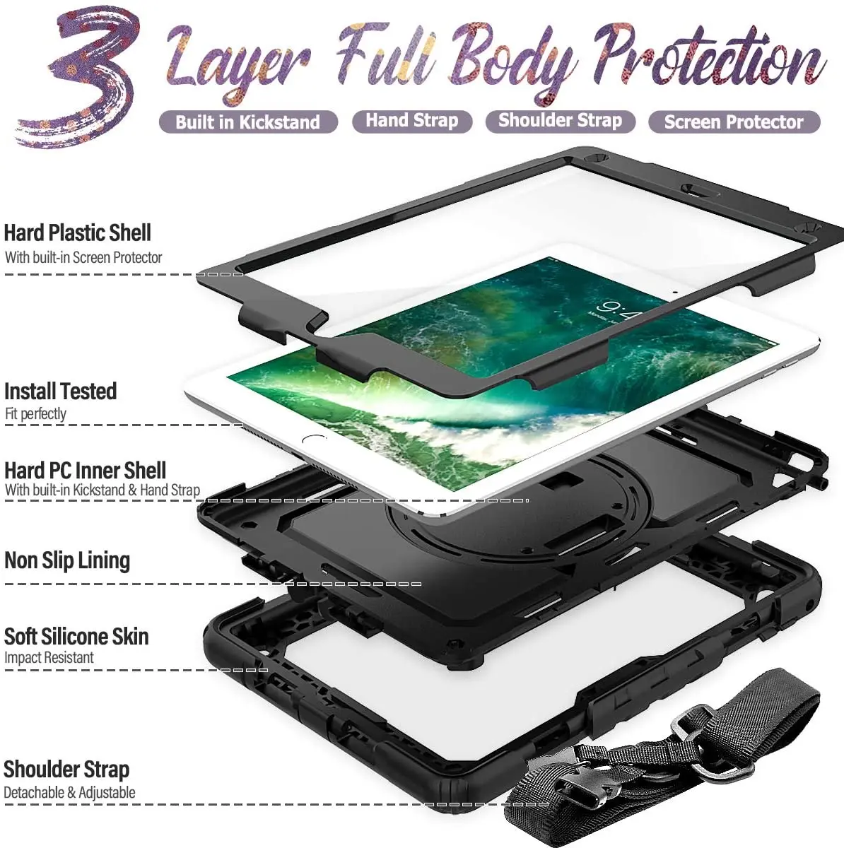 Для iPad 5th/6th/Air 2/Pro 9 7 3 слойный ударопрочный чехол с защитной пленкой для экрана