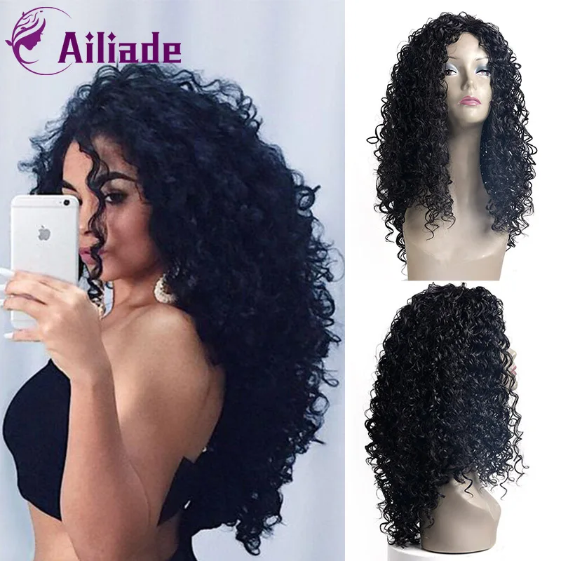 AILIADE длинные кудрявые парик черный Парики термостойкие волосы синтетические