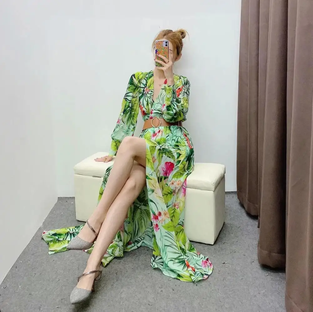 Женское Макси-платье с поясом и v-образным вырезом Элегантное повседневное