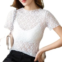 t shirt top spring lace bottoming top womens super fairy with short sleeves fashionable sexy top hollow perspective mesh