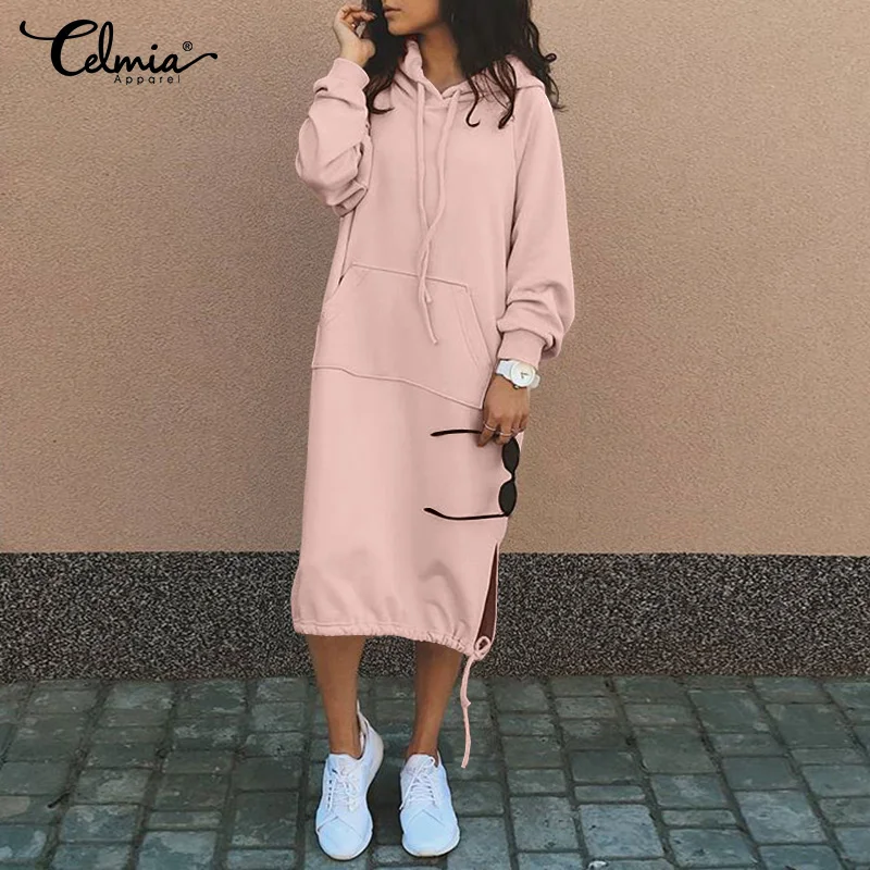 

Celmia Winter Women Fleece Hoodies Long Dress 2021 Long Sleeve Winter Casual Sweatshirt Dresses Loose Pockets Midi Vestidos Robe