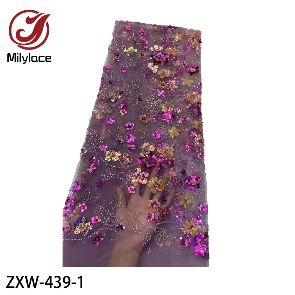 

2021 Hot Sale African Tulle Lace Fabric Sequin Embroidery French Lace Fabric 5 Yards Beaded Lace Fabric for Party Dress ZXW-439