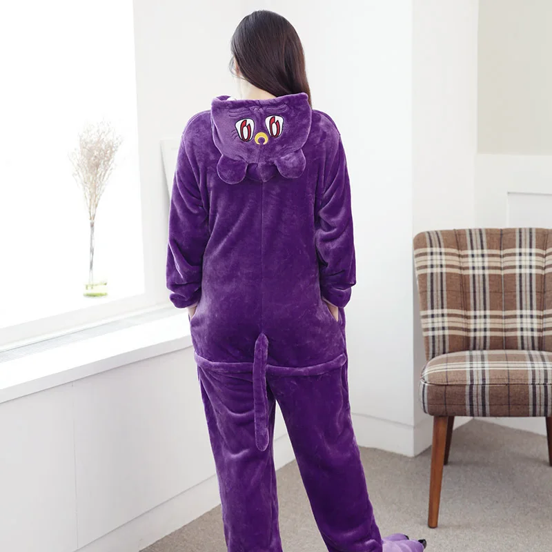 2019 Winter Women Kigurumi Onesie Purple Cat Pajamas Sets Cute Flannel Animal Pajama Nightie Warm Hooded Sleepwear Costume