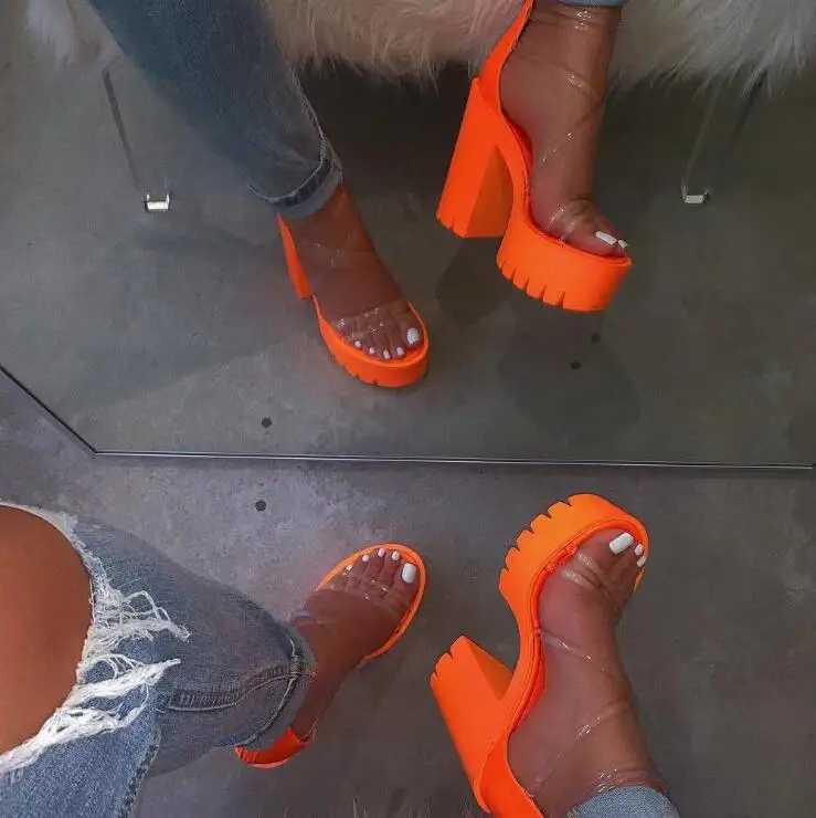 

2019 Women Shoes Fashion Pvc Clear Sandals Ankle Strap High Heel Female Sandals Night Club Platform Heels Back