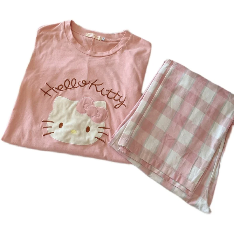 

Woman Pajama Sets 2 Pcs/ Set Autumn Spring Girls Sleepwear Pink Kitty Cute Home Wear Suit For Students Comfortable Cotton Nighty