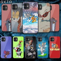 qxtq cat tom mouse jerrys tempered glass phone case cover for iphone 5 6 7 8 11 12 s plus xr x xs pro max mini se 2020 black