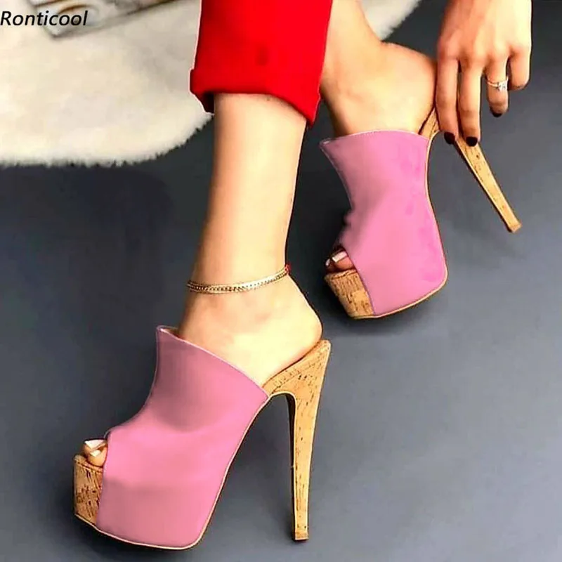 

Ronticool Handmade Women Platform Mules Sandals Satin Sexy Stiletto Heel Open Toe Pretty Pink Red Night Club Shoes US Size 5-20