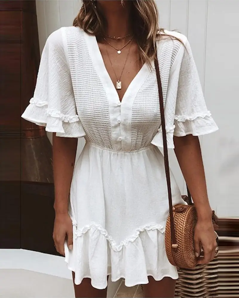 

Women Solid V Neck Ruffle Smock Dress Elegant Fashion Buttoned Dress