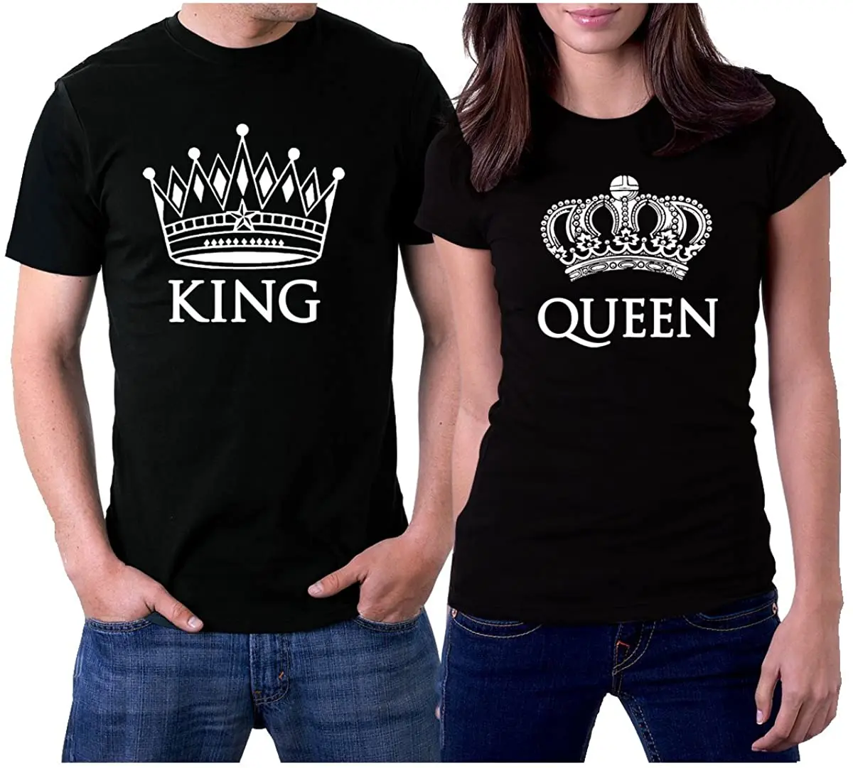 

FUNNY Couple Clothing King and Queen Black Couple T-Shirts White Crowns Short Sleeve Two pieces