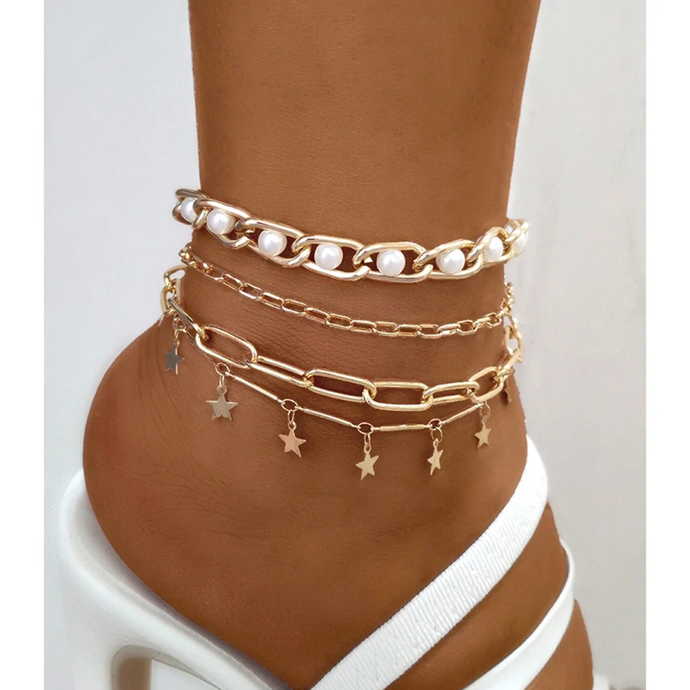 

Bohemian Multilayer Metal Chain Anklets For Women Simple Gold Color Butterfly Pearl Ankle Chain Anklet Bracelet Beach Jewelry