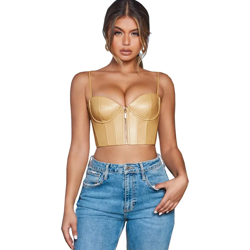 

Hjwsfdcai 2021 New Sexy Leather Tube Top Women's Corset Front Zipper Push Up Underwear Nightclub Party Top Female Tank Top