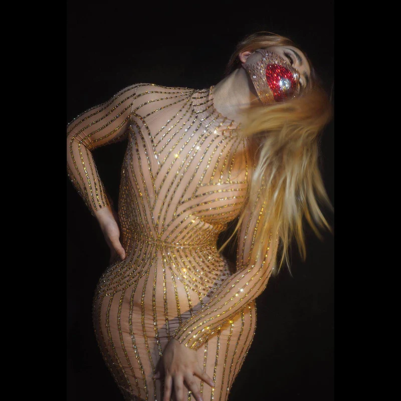 

Sparkling silver and gold stretch dress Birthday celebration party banquet evening dress concert ball singer costume