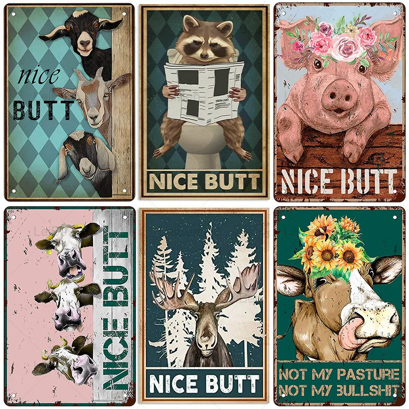 

Toilet Decoration Metal Plaque Nice Butt Funny Animal Cattle Sheep Pig Vintage Tin Signs Retro Iron Painting Wall Decor Bathroom