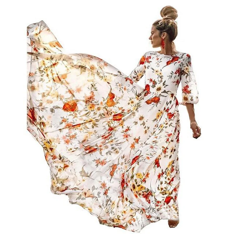 

Fashion Women Long Bohemian Dress 2021 Spring Autumn Swing Maxi Vestidos Casual Print Robe Boho Sundress Long Sleeve Loose Dress