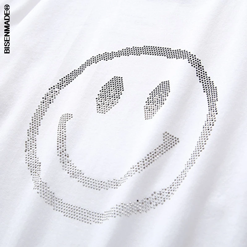 

Women's Clothing T-Shirts Plus Size 2021 Summer Tees Casual Short Sleeve Hot Drilling Smiling Face Tops Camiseta Mujer